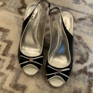 Anne Klein black white shoes with box, 7.5  peeptoe sling back